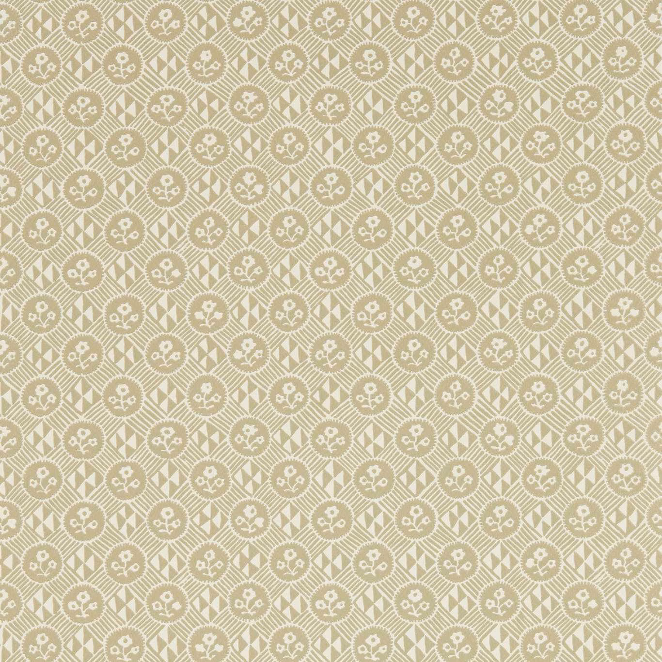 Linen-beige wallpaper with ivory floral medallions and diamond lattice