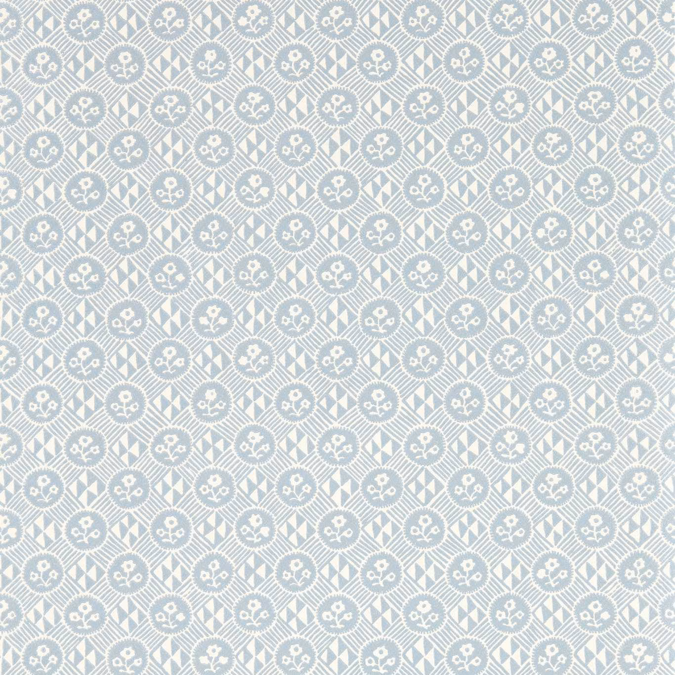 Pale blue-grey wallpaper with ivory floral medallions and repeating diamond lattice