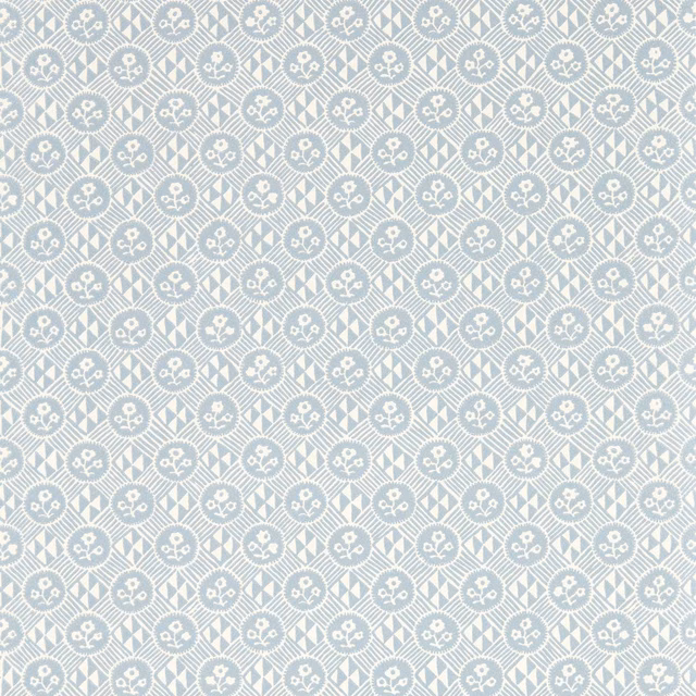 Pale blue-grey wallpaper with ivory floral medallions and repeating diamond lattice