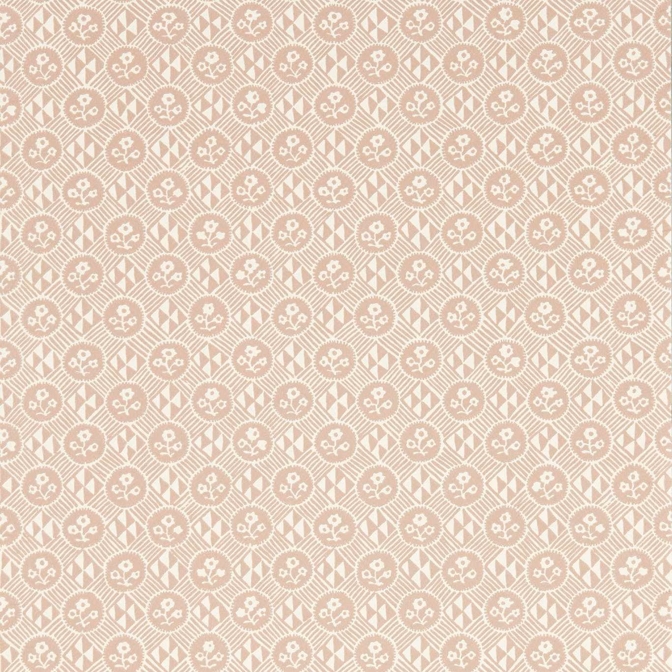 Dusty Tuscan pink wallpaper with ivory floral medallions in a diamond lattice