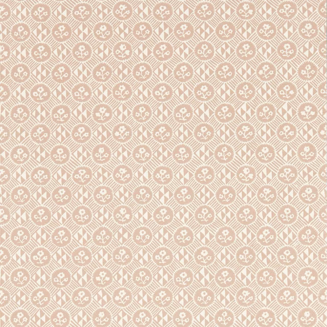 Dusty Tuscan pink wallpaper with ivory floral medallions in a diamond lattice