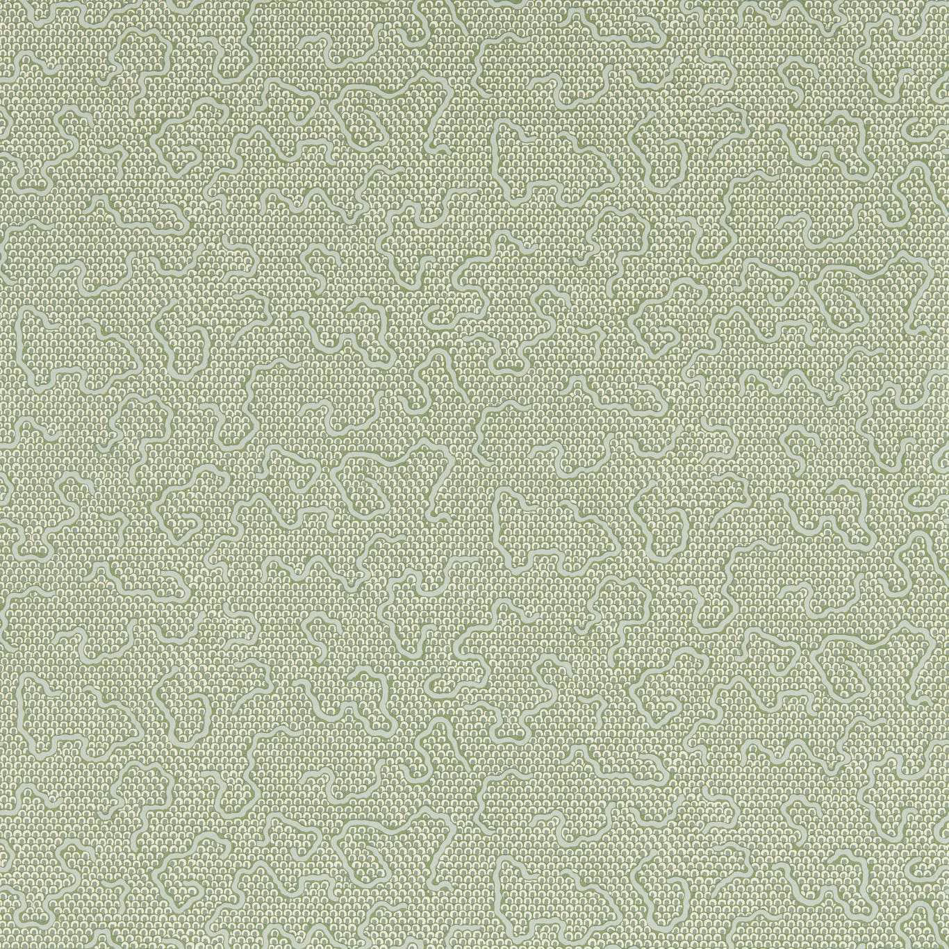 Pale eau de nil wallpaper with chalk-white winding maze motifs and fine texture