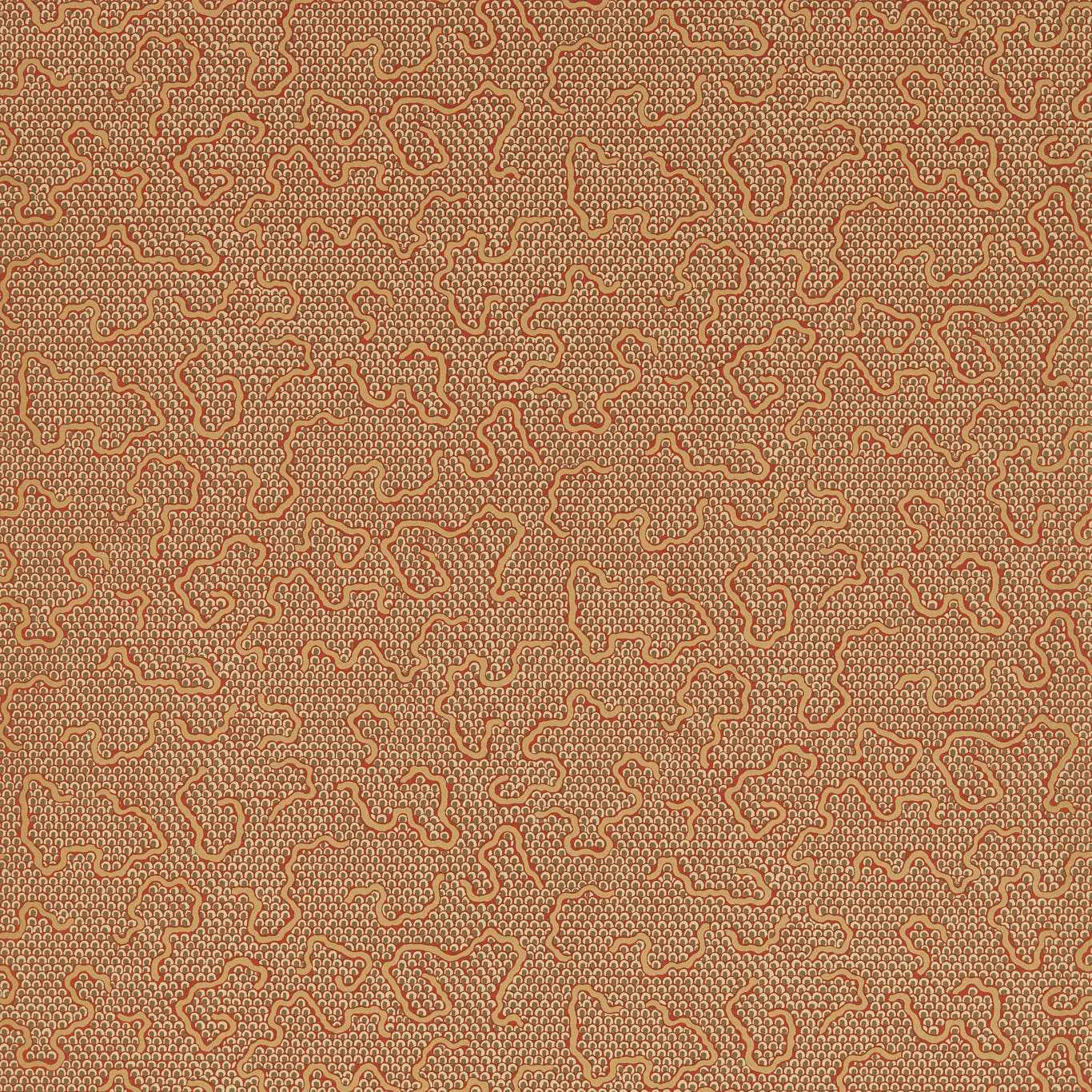 Warm russet wallpaper with cream looping motifs over a fine patterned ground