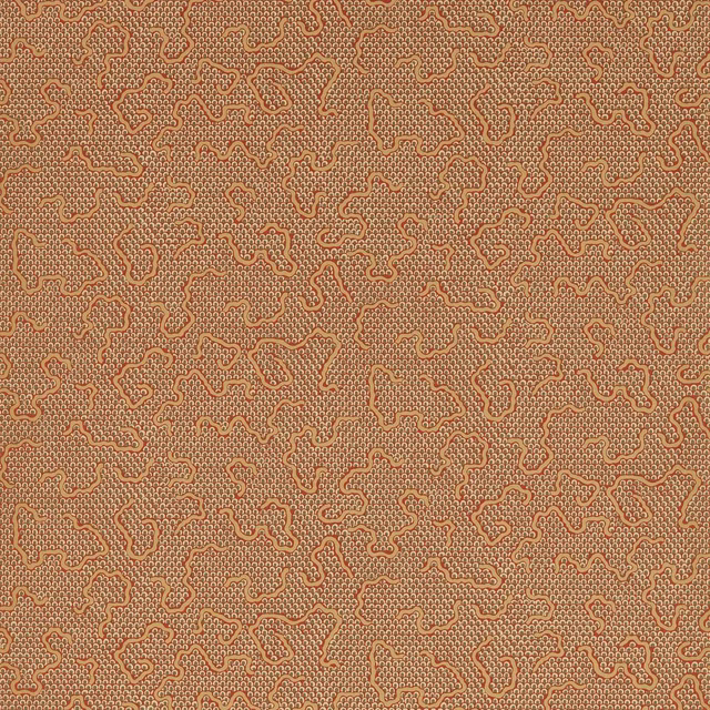 Warm russet wallpaper with cream looping motifs over a fine patterned ground