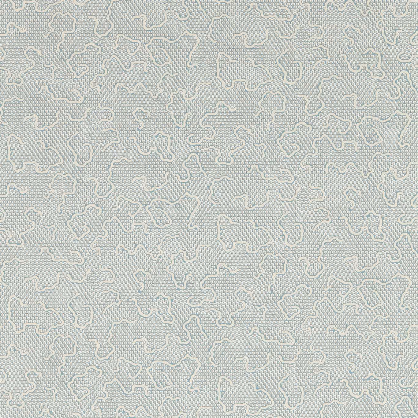 Pale blue-grey wallpaper with white meandering motifs and a fine textured ground
