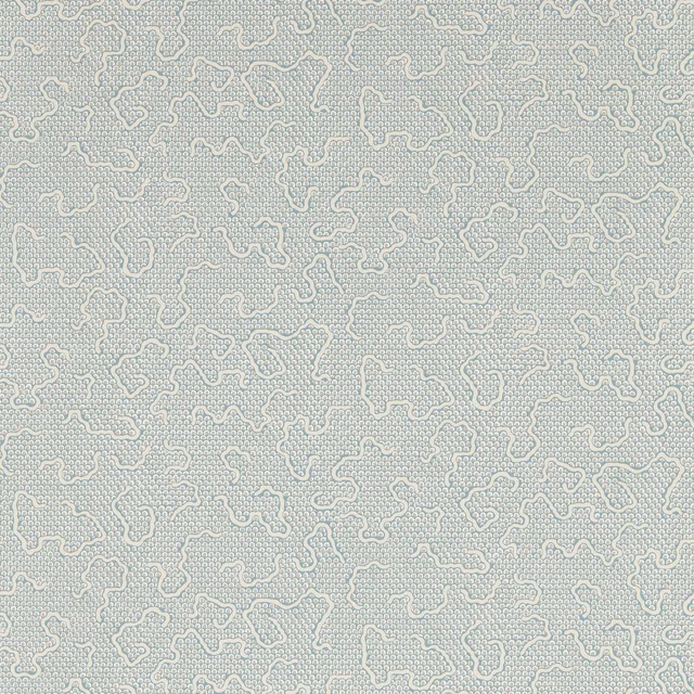 Pale blue-grey wallpaper with white meandering motifs and a fine textured ground