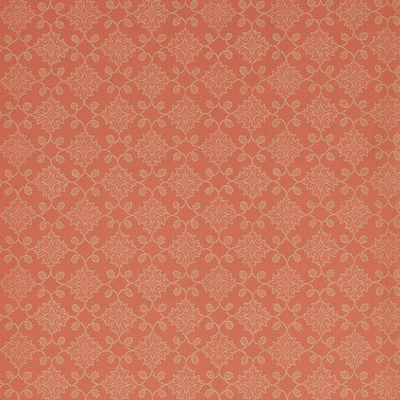 Deep salmon wallpaper with fine pale beige floral tracery in a small repeat