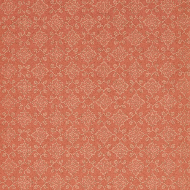 Deep salmon wallpaper with fine pale beige floral tracery in a small repeat