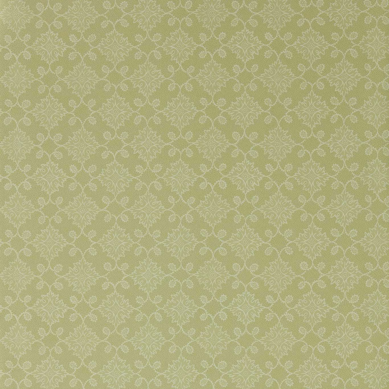 Pale fennel-green wallpaper with repeating ivory floral tracery and fine textured surface