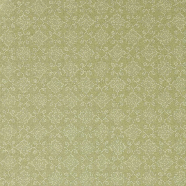 Pale fennel-green wallpaper with repeating ivory floral tracery and fine textured surface