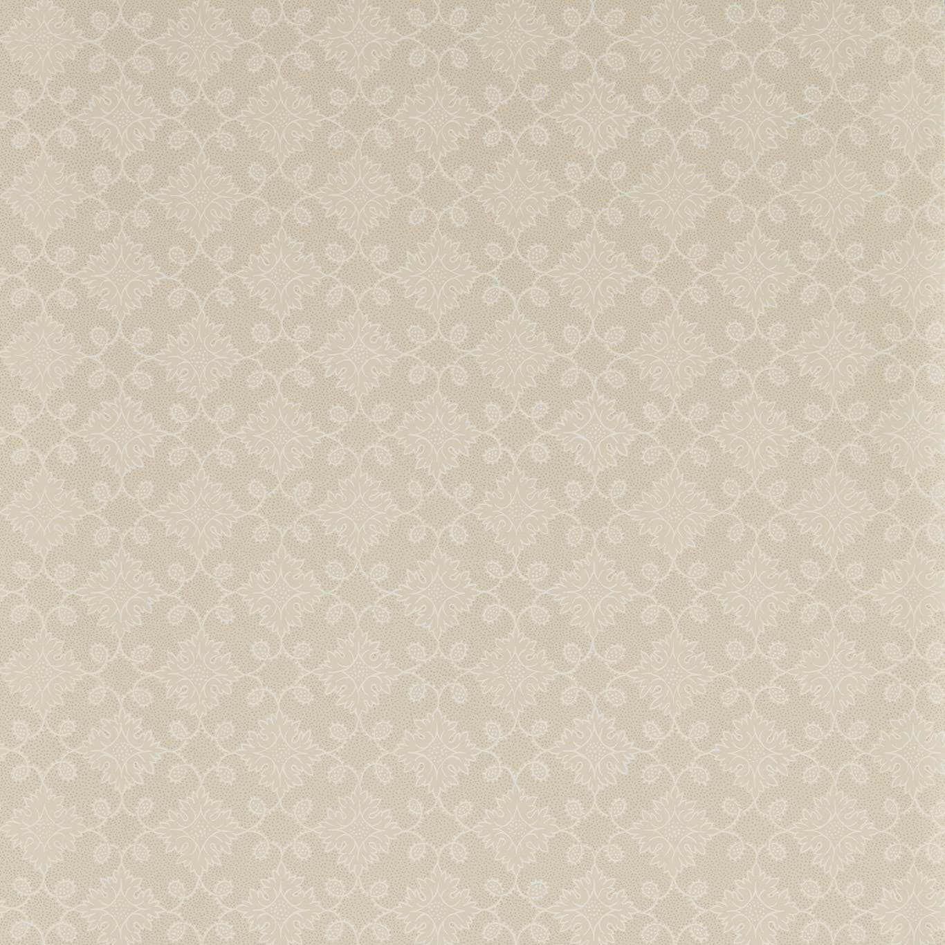 Pale greige wallpaper with repeating ivory floral tracery and fine curling leaves