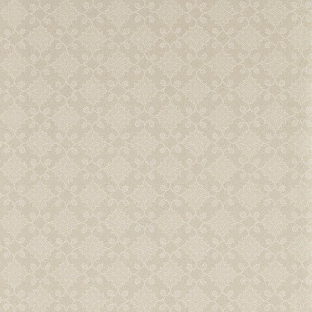 Pale greige wallpaper with repeating ivory floral tracery and fine curling leaves