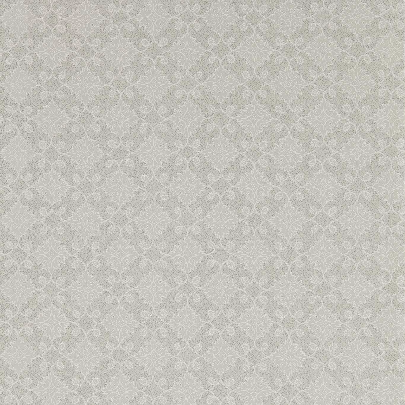 Pale sage-grey wallpaper with ivory floral damask tracery in a close repeat