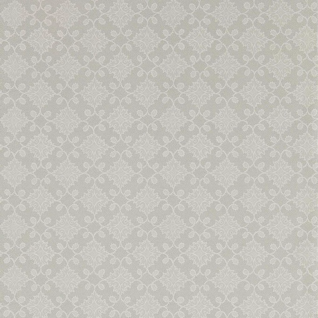 Pale sage-grey wallpaper with ivory floral damask tracery in a close repeat
