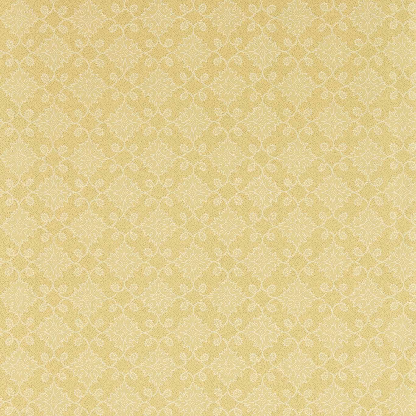 Pale primrose-yellow wallpaper with delicate cream floral tracery