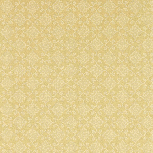 Pale primrose-yellow wallpaper with delicate cream floral tracery