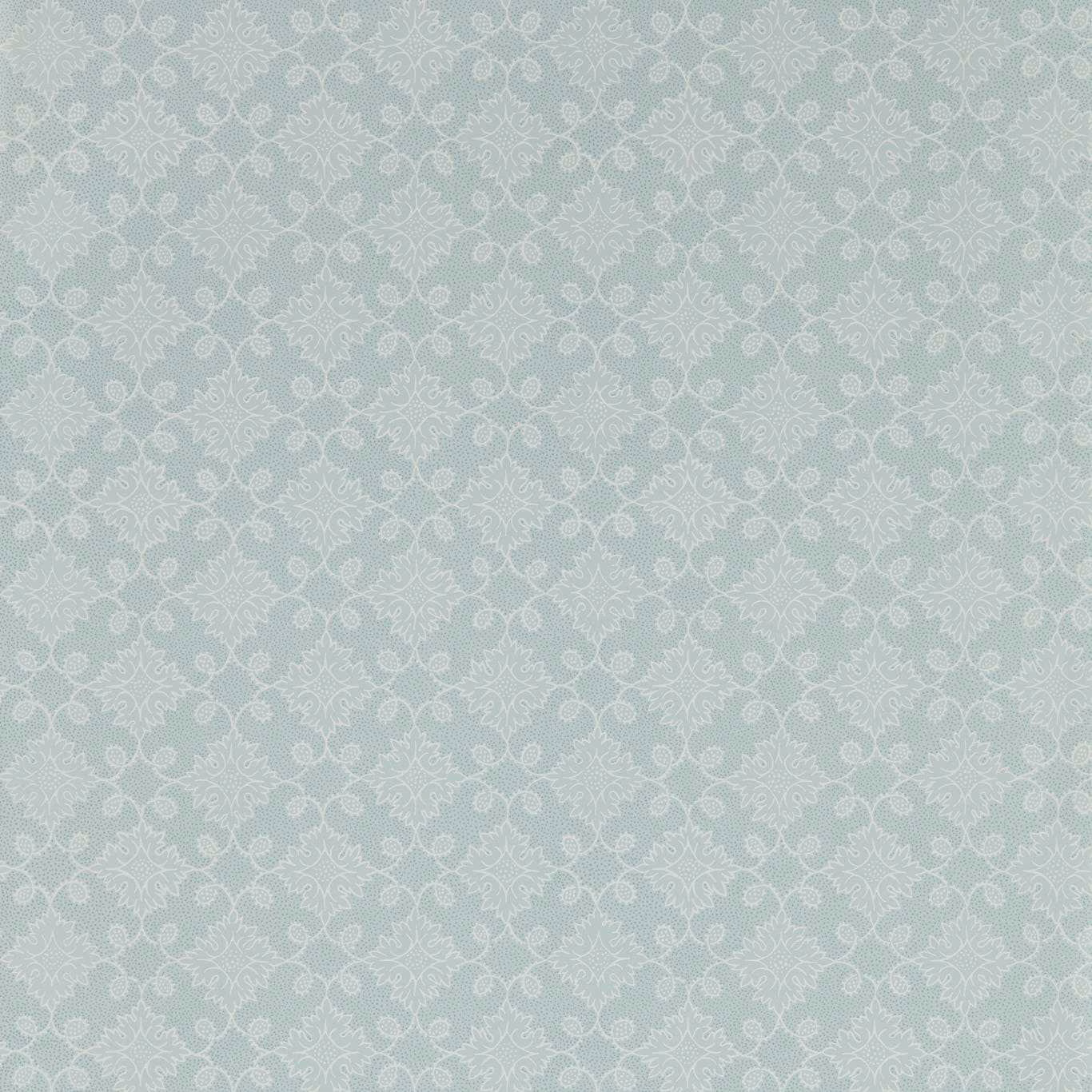 Pale Wedgwood blue wallpaper with fine ivory scrolling floral tracery