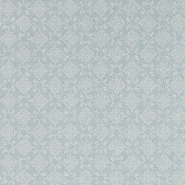 Pale Wedgwood blue wallpaper with fine ivory scrolling floral tracery