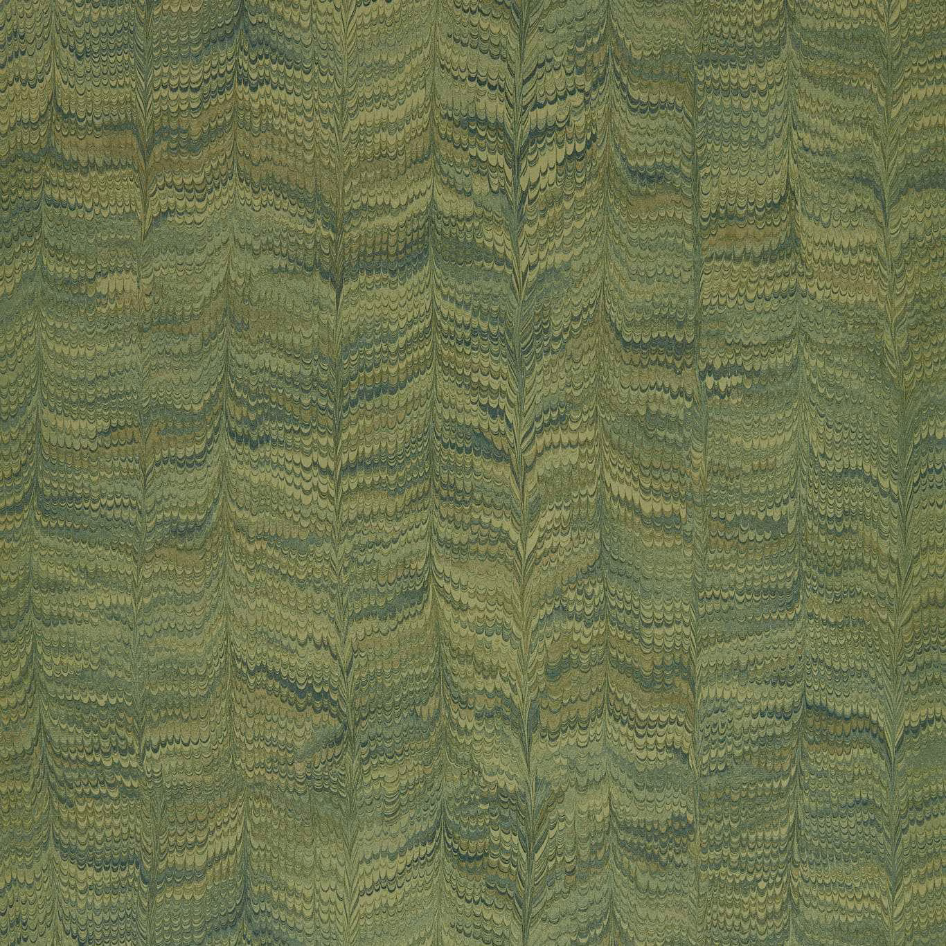 Deep moss green wallpaper with olive feathered marbling and vertical wave-like veins