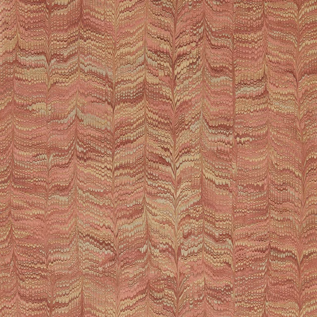 Muted Venetian red wallpaper with vertical marbled waves in cream and olive