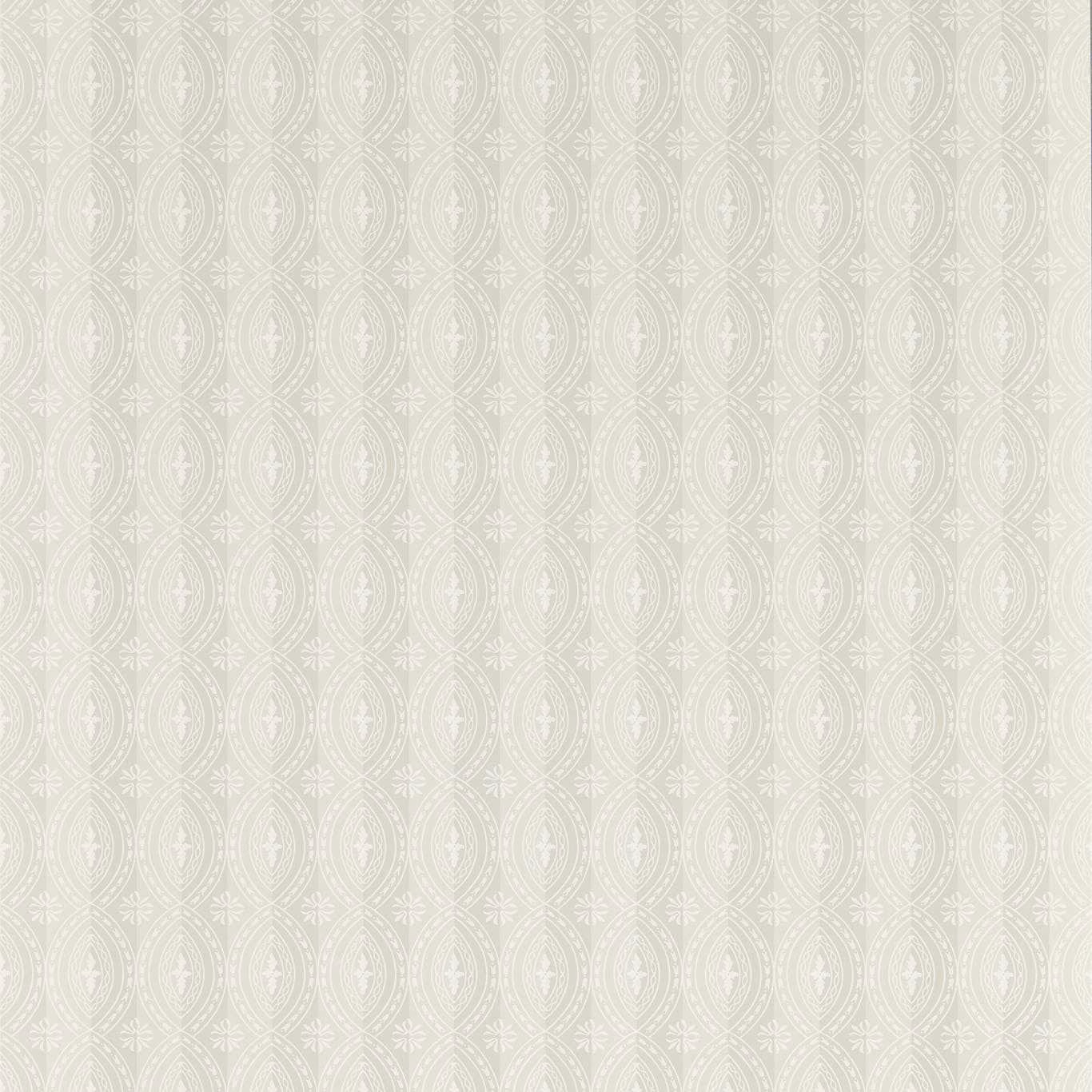 Pale grey wallpaper with fine white oval medallions and delicate damask linework