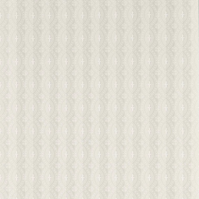 Pale grey wallpaper with fine white oval medallions and delicate damask linework