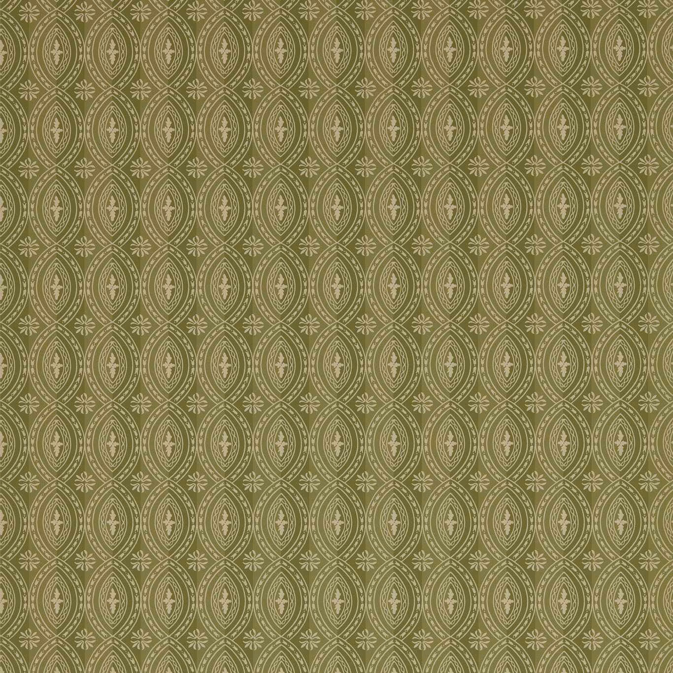 Deep olive wallpaper with cream oval medallions and intricate stone-toned geometric detailing