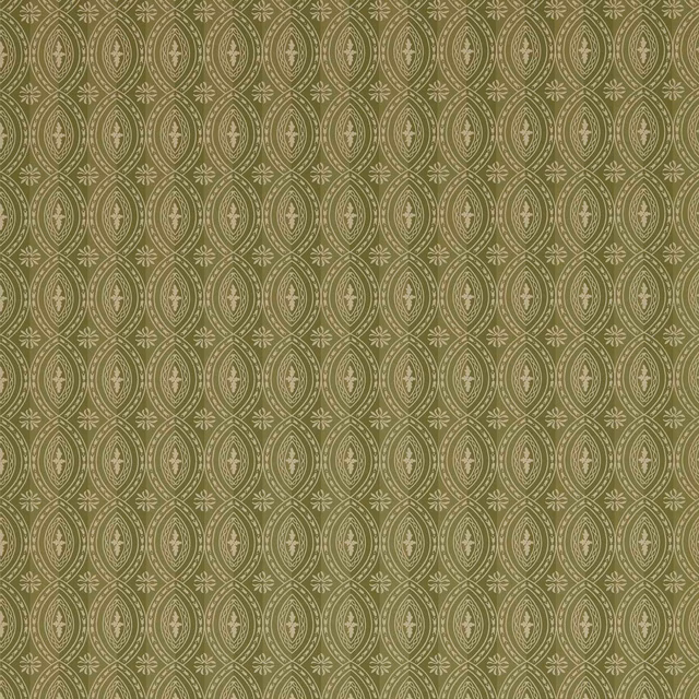 Deep olive wallpaper with cream oval medallions and intricate stone-toned geometric detailing
