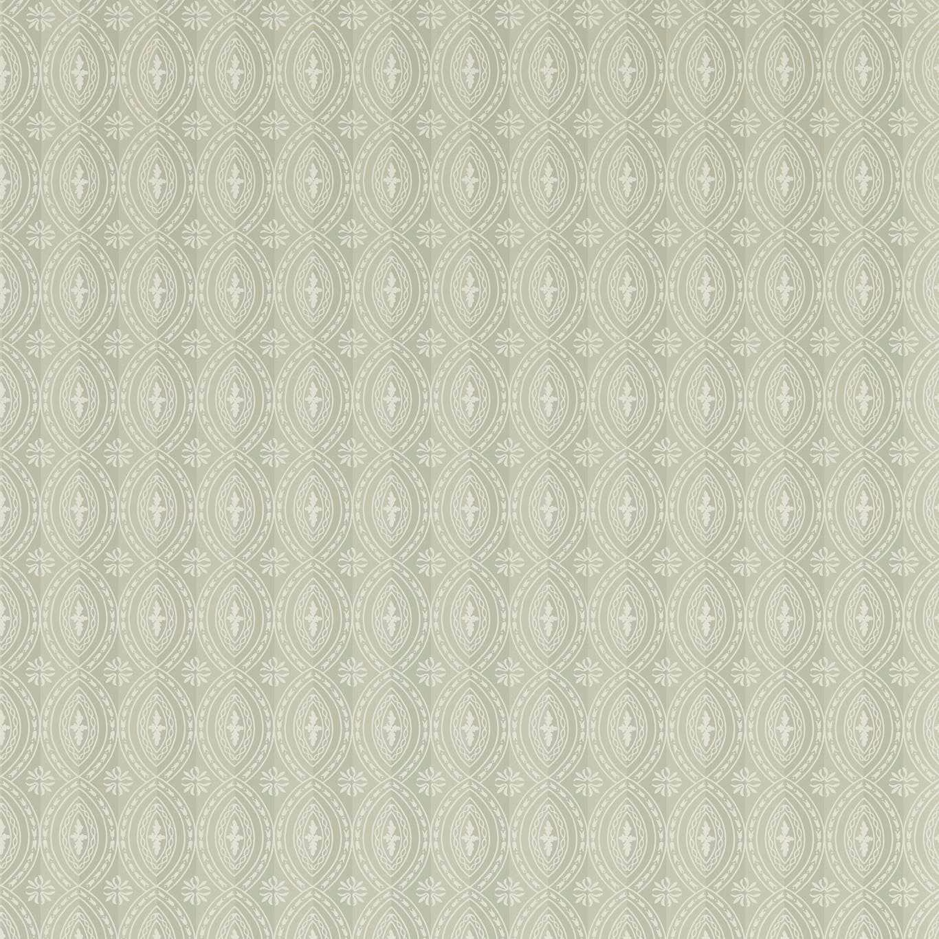 Pale sage wallpaper with closely repeated ivory oval damask medallions and delicate foliage