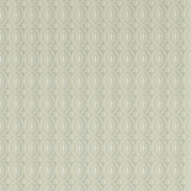 Pale sage wallpaper with closely repeated ivory oval damask medallions and delicate foliage