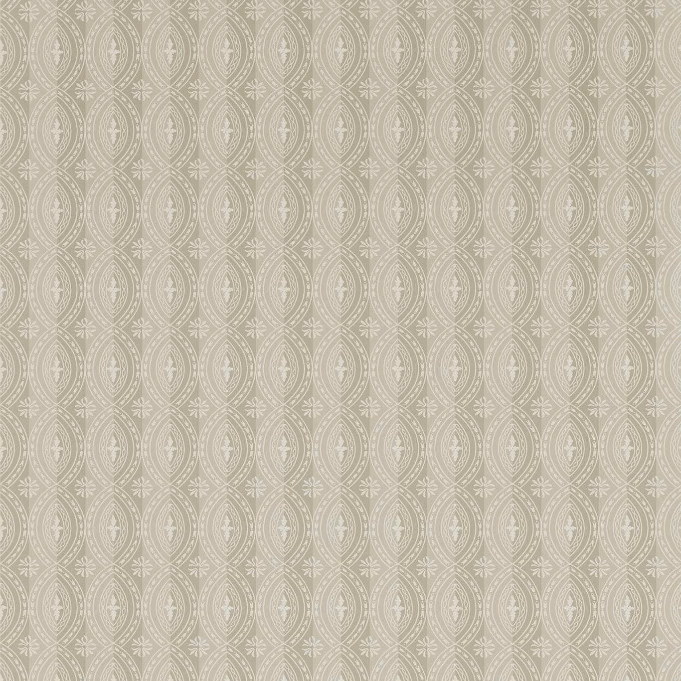 Pale greige wallpaper with repeated ivory oval medallions and fine symmetrical linework