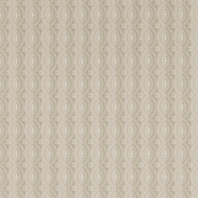 Pale greige wallpaper with repeated ivory oval medallions and fine symmetrical linework