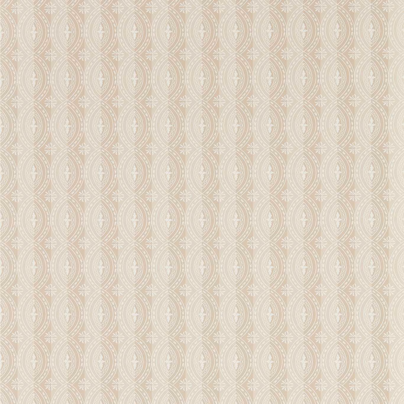 Pale rose-beige wallpaper with ivory oval medallions and fine geometric tracery