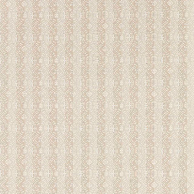 Pale rose-beige wallpaper with ivory oval medallions and fine geometric tracery