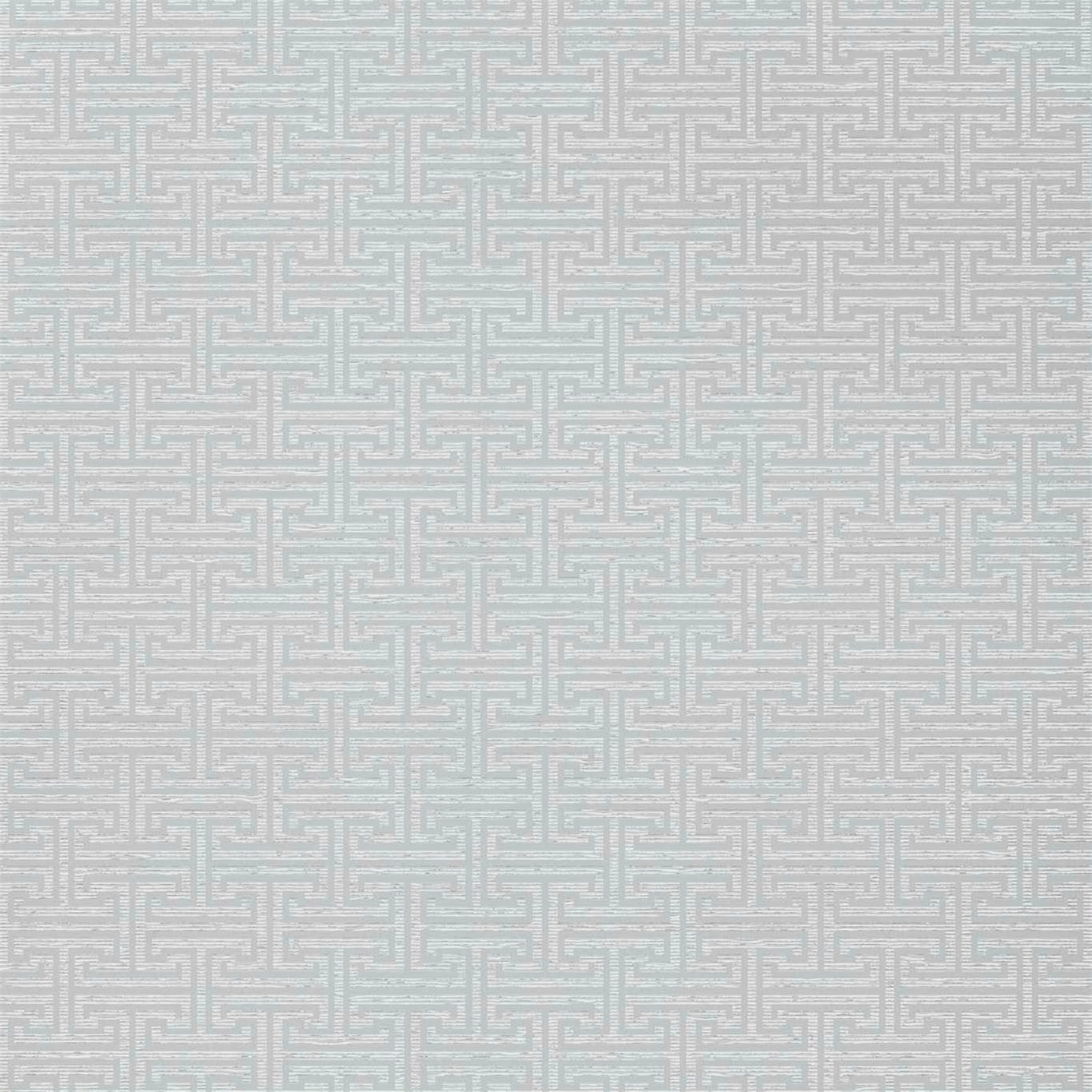Pale elephant-grey wallpaper with a tightly repeated cool blue-grey key motif