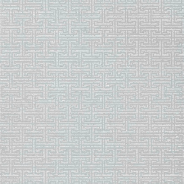 Pale elephant-grey wallpaper with a tightly repeated cool blue-grey key motif