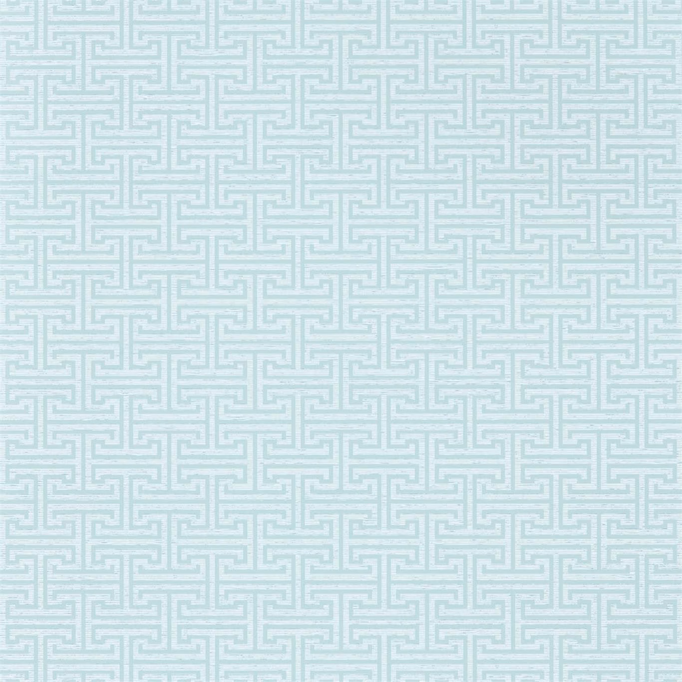 Pale aqua wallpaper with crisp white interlocking key motifs in a fine grid