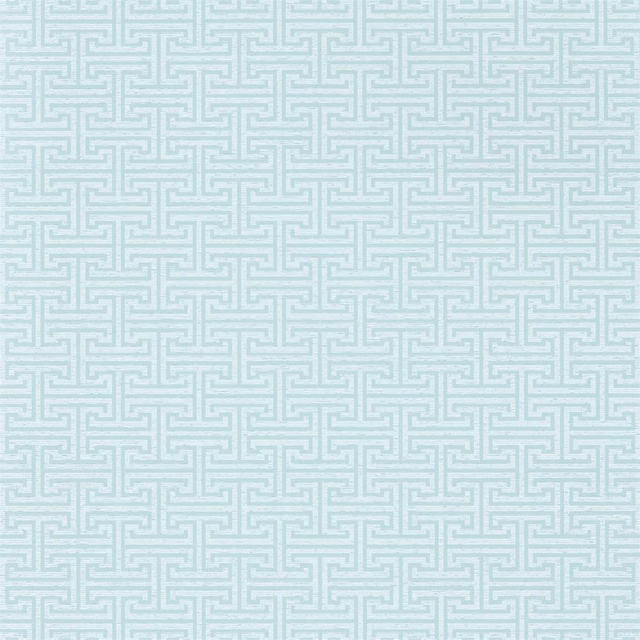 Pale aqua wallpaper with crisp white interlocking key motifs in a fine grid
