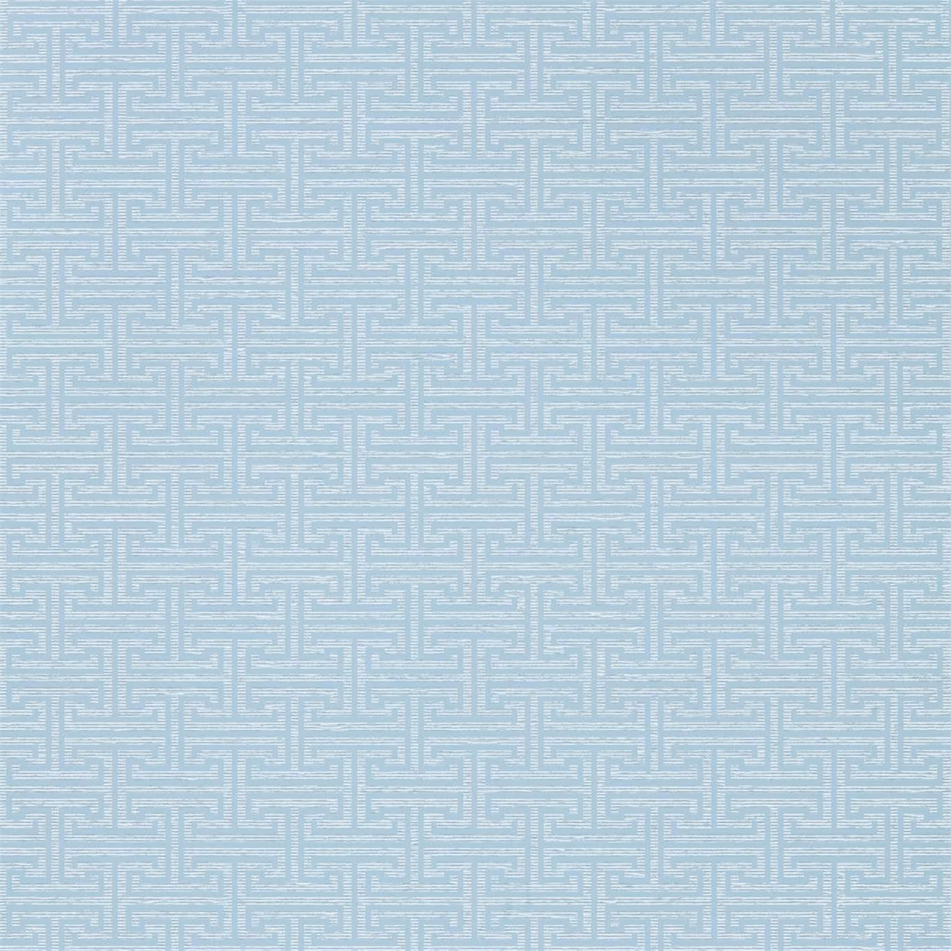 Pale quartz-grey wallpaper with a fine interlocking Greek-key pattern in soft white-grey lines