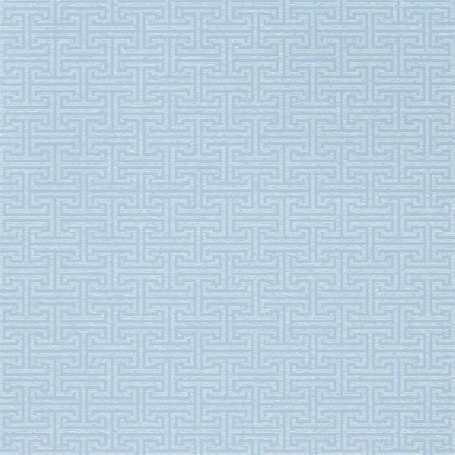 Pale quartz-grey wallpaper with a fine interlocking Greek-key pattern in soft white-grey lines