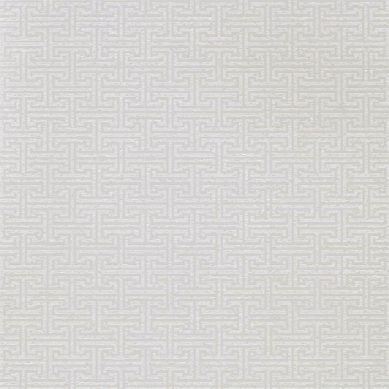 Pale silver-grey wallpaper with a fine interlocking maze pattern and subtle woven texture