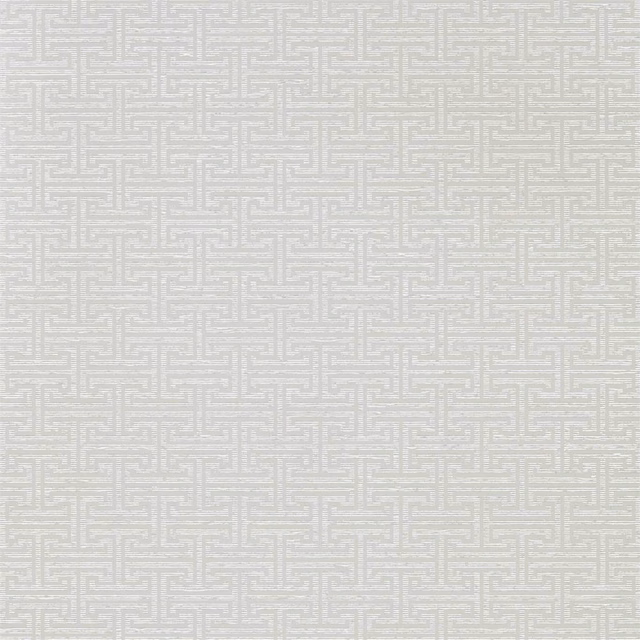 Pale silver-grey wallpaper with a fine interlocking maze pattern and subtle woven texture