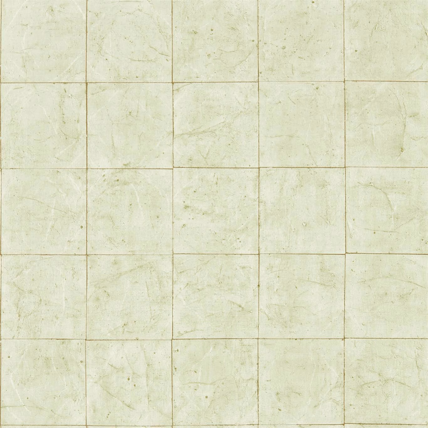 Pale celadon wallpaper with fine tile grid and distressed plaster-like texture