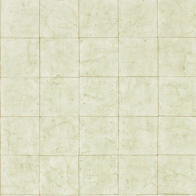 Pale celadon wallpaper with fine tile grid and distressed plaster-like texture