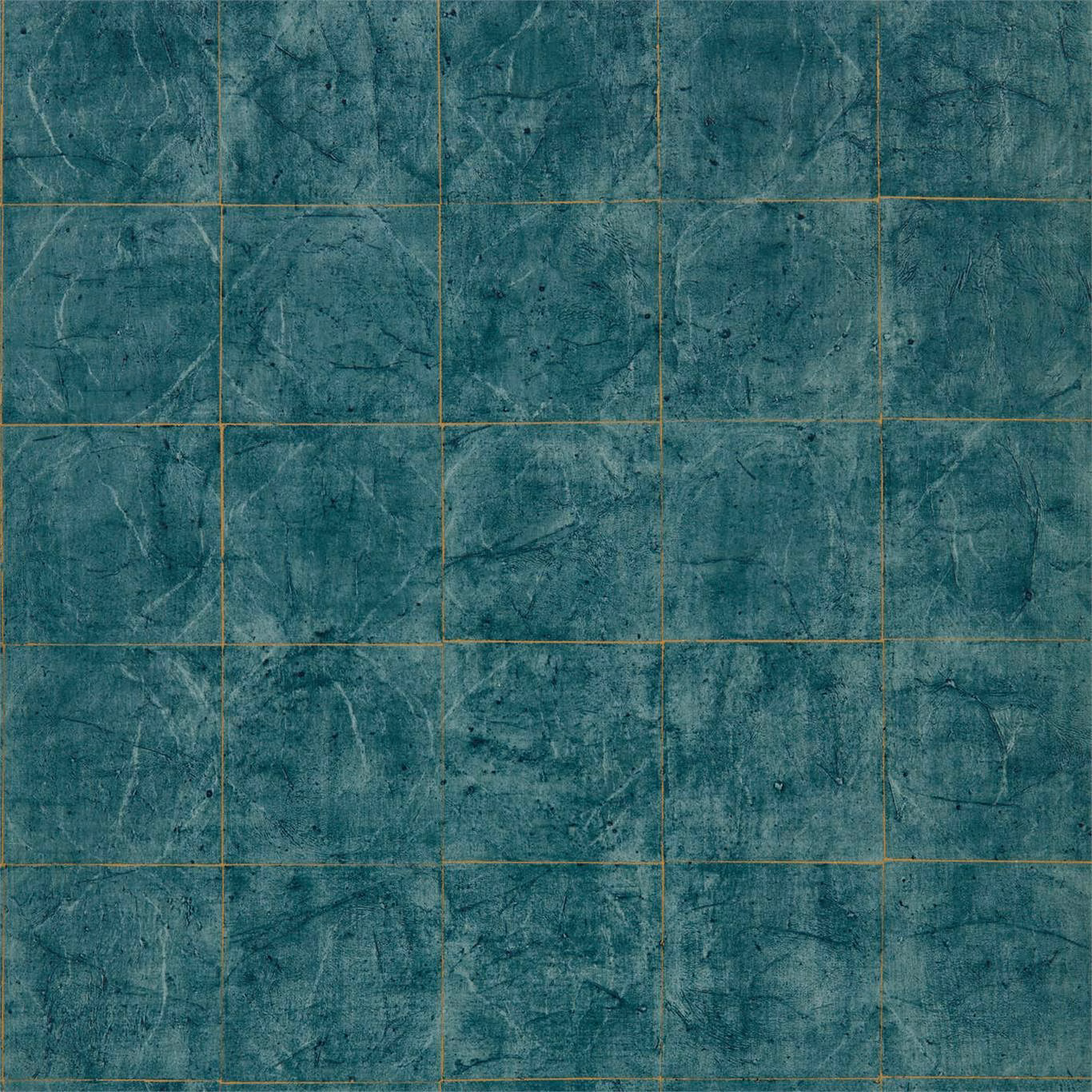 Mottled Huntsman Green wallpaper with irregular teal panels and ochre grid lines