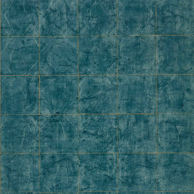 Mottled Huntsman Green wallpaper with irregular teal panels and ochre grid lines