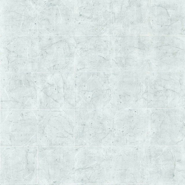 Pale blue-grey distressed tile wallpaper with faint rectangular joints and mineral scuffs
