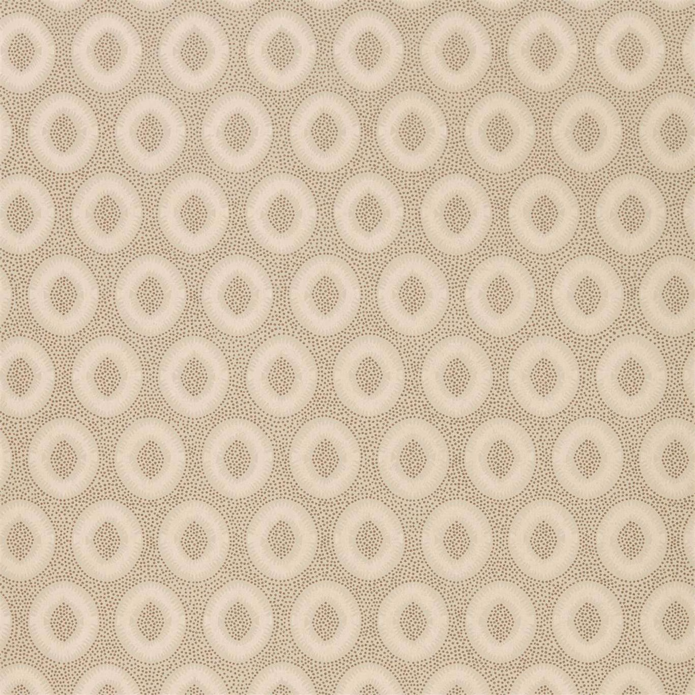 Warm antique-copper wallpaper with cream oval medallions and dotted texture