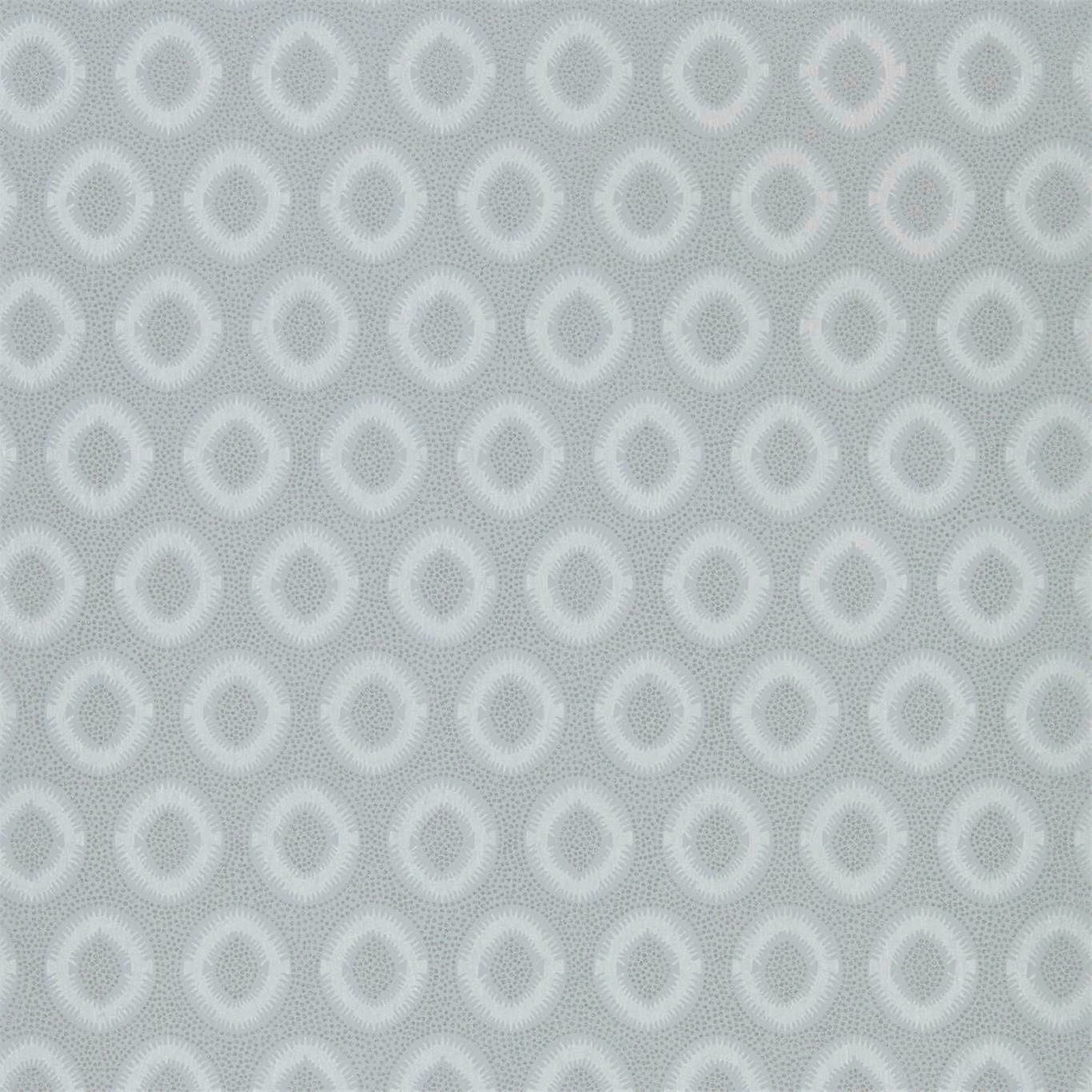 Cool grey wallpaper with pale oval medallions and a fine dotted texture