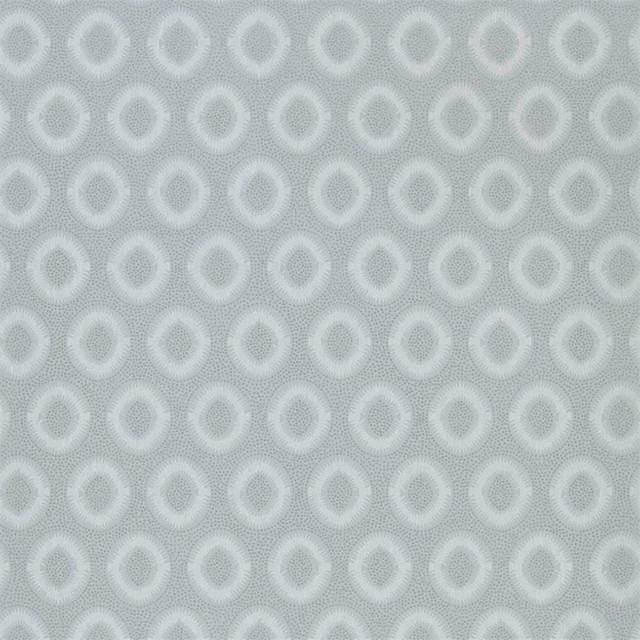 Cool grey wallpaper with pale oval medallions and a fine dotted texture